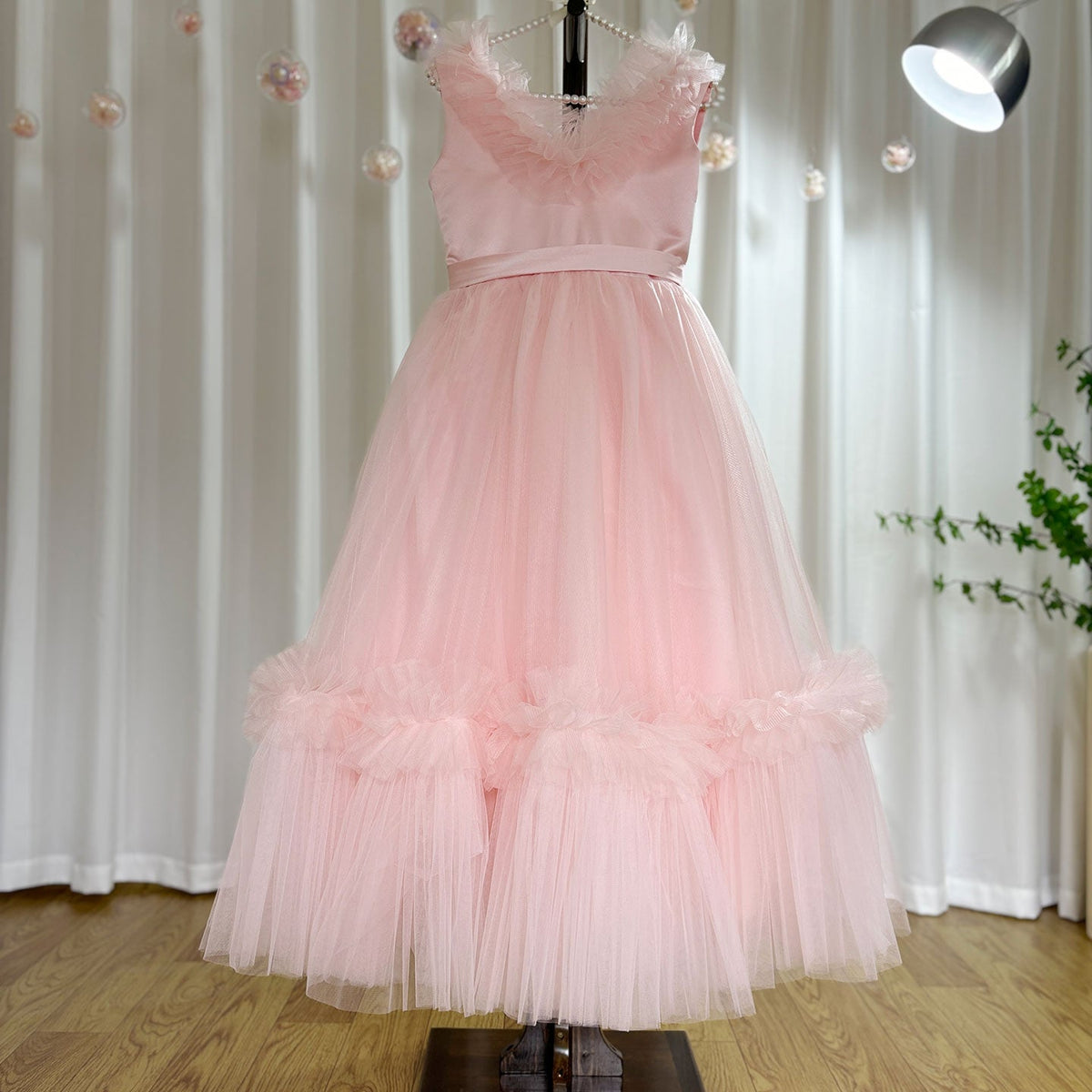 Jill Wish Pink Flower Girl Dress V-Neck Tiered Tulle for Birthday Party J116