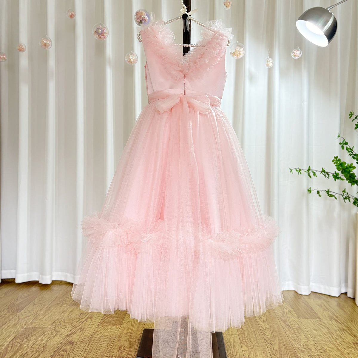 Jill Wish Pink Flower Girl Dress V-Neck Tiered Tulle for Birthday Party J116