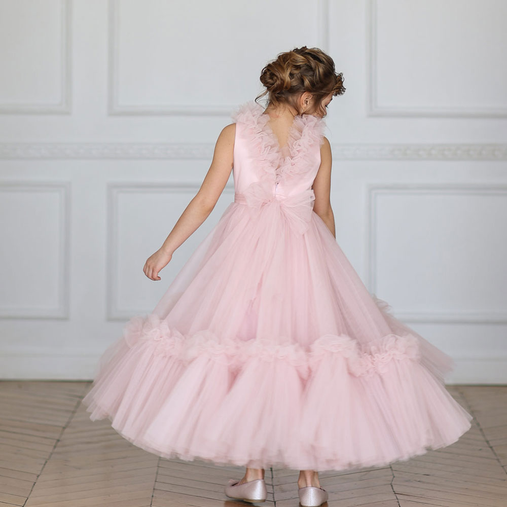 Jill Wish Pink Flower Girl Dress V-Neck Tiered Tulle for Birthday Party J116