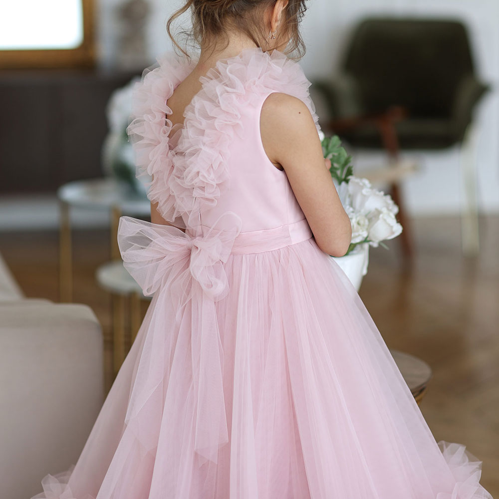 Jill Wish Pink Flower Girl Dress V-Neck Tiered Tulle for Birthday Party J116