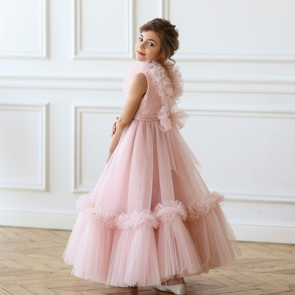 Jill Wish Pink Flower Girl Dress V-Neck Tiered Tulle for Birthday Party J116