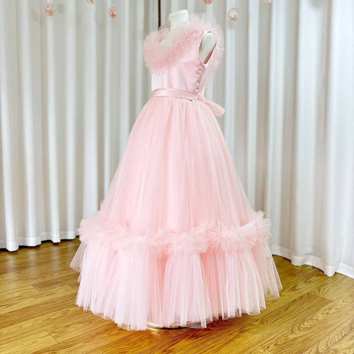 Jill Wish Pink Flower Girl Dress V-Neck Tiered Tulle for Birthday Party J116