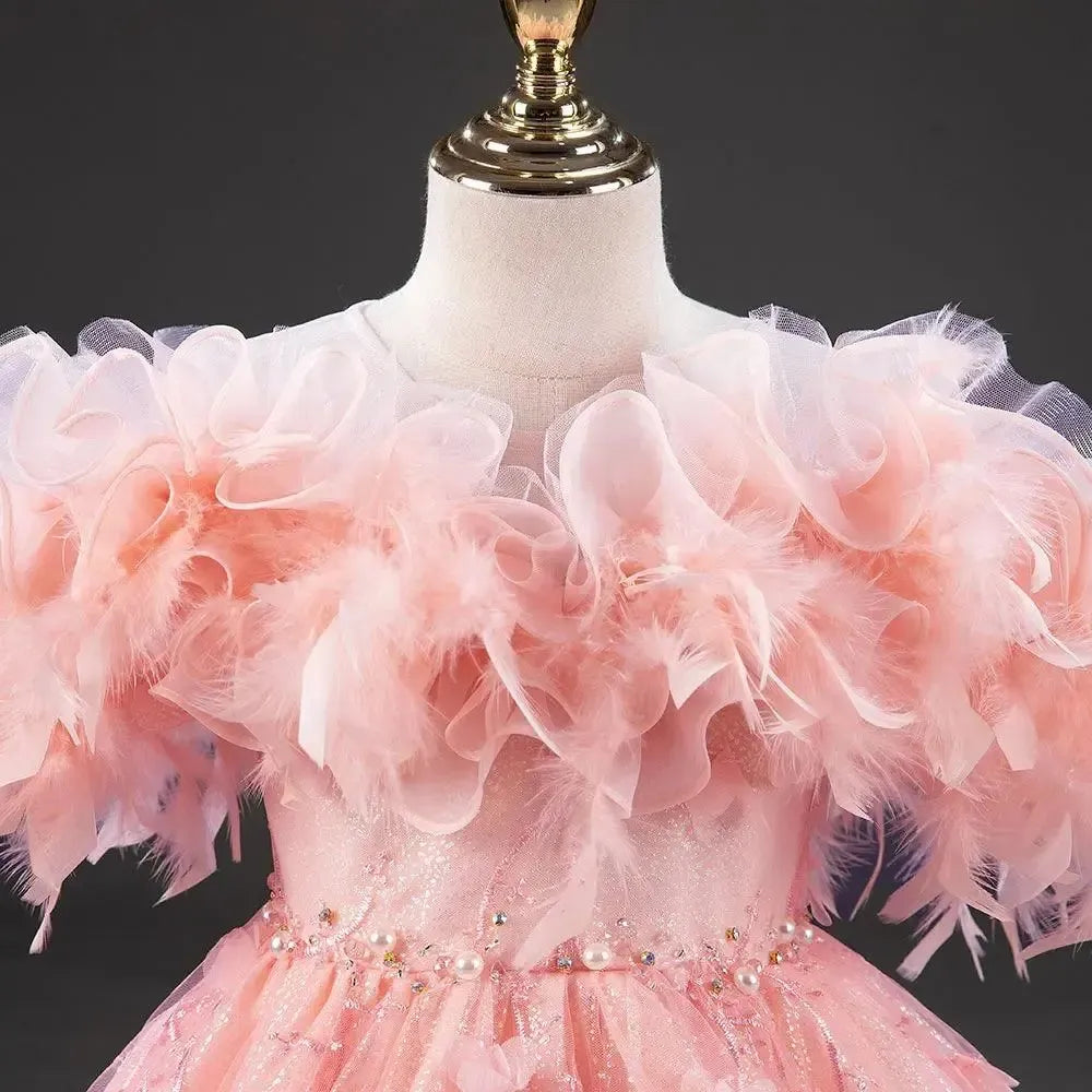 Jill Wish Pink Flower Girl Dresses with Feather Pearls Arabic Princess J015