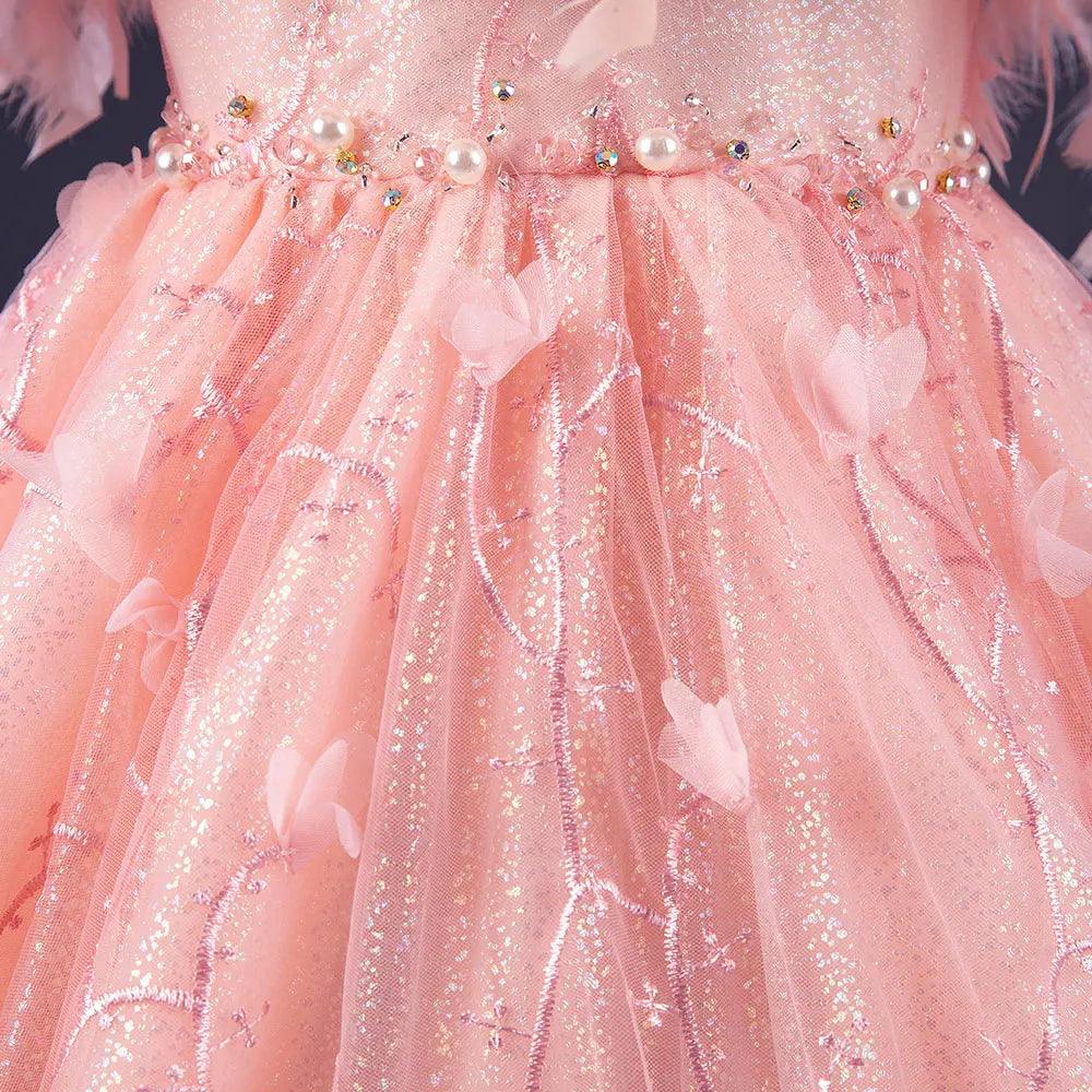 Jill Wish Pink Flower Girl Dresses with Feather Pearls Arabic Princess J015