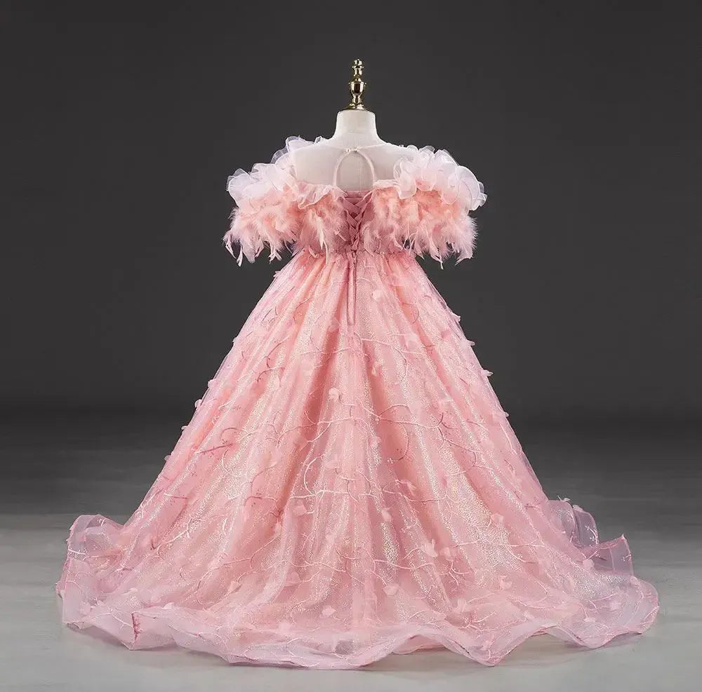 Jill Wish Pink Flower Girl Dresses with Feather Pearls Arabic Princess J015