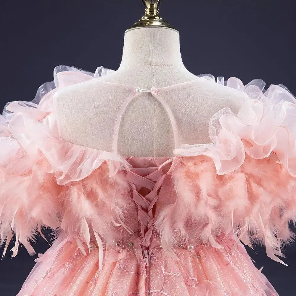 Jill Wish Pink Flower Girl Dresses with Feather Pearls Arabic Princess J015