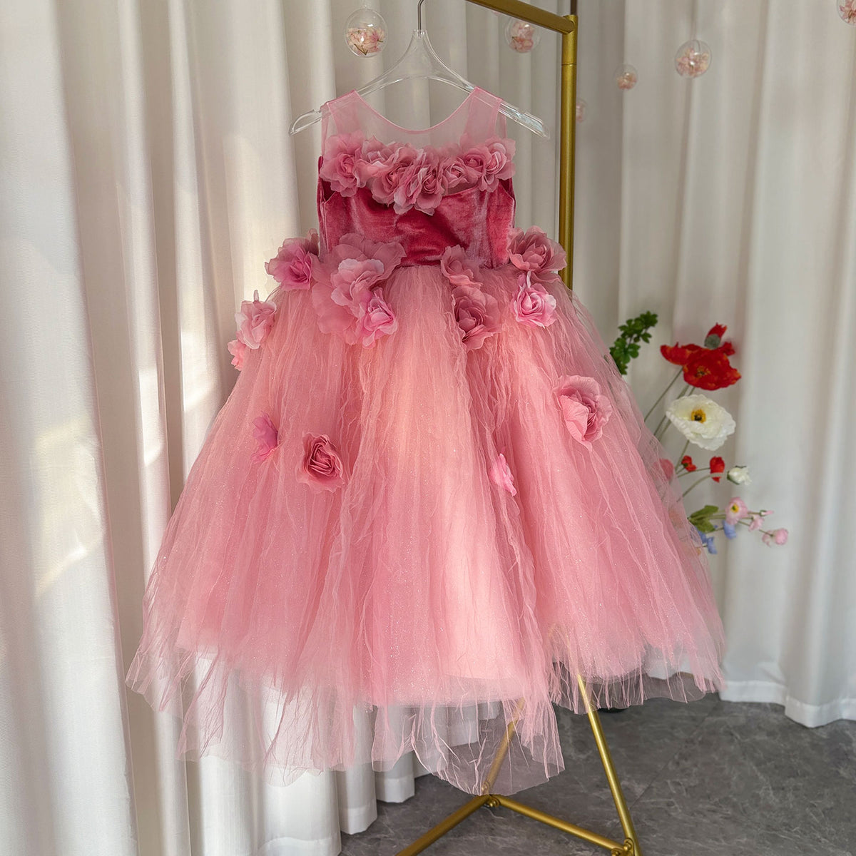 Jill Wish Pink Girl Dress Handmade Flowers for Kids Birthday Party J139