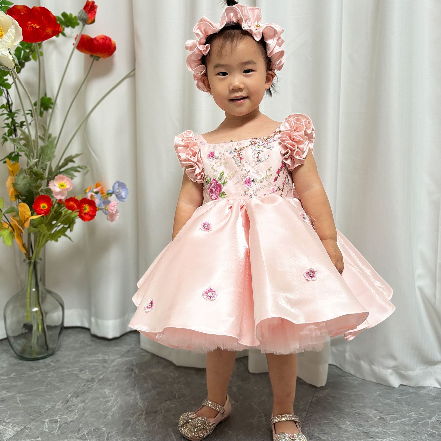 Elegant Dubai Pink Girl Dress 3D Flowers with Hairband for