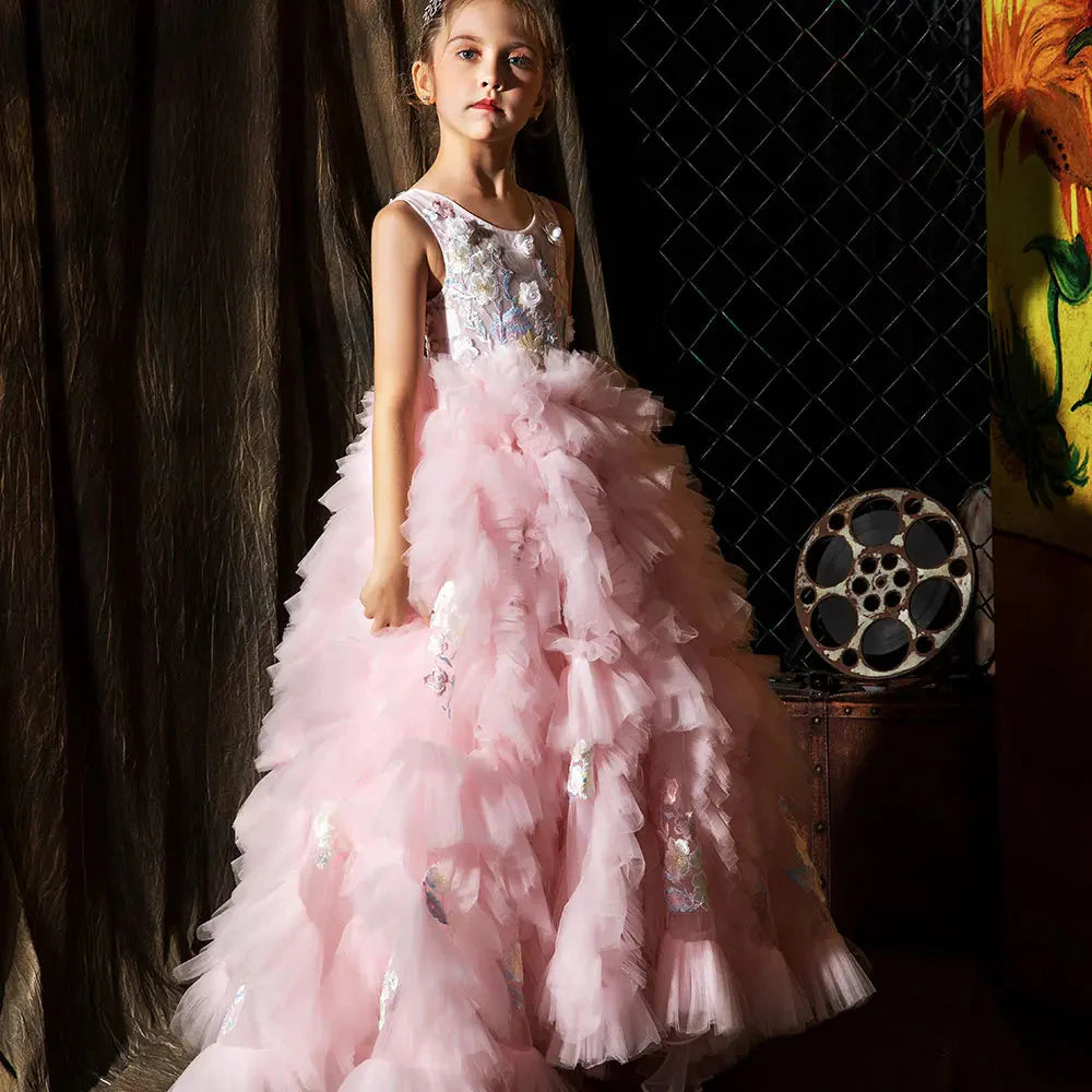 Jill Wish Pink Luxury Dubai Kids Girl Dress Appliques Tiered Princess Ball Gown J010