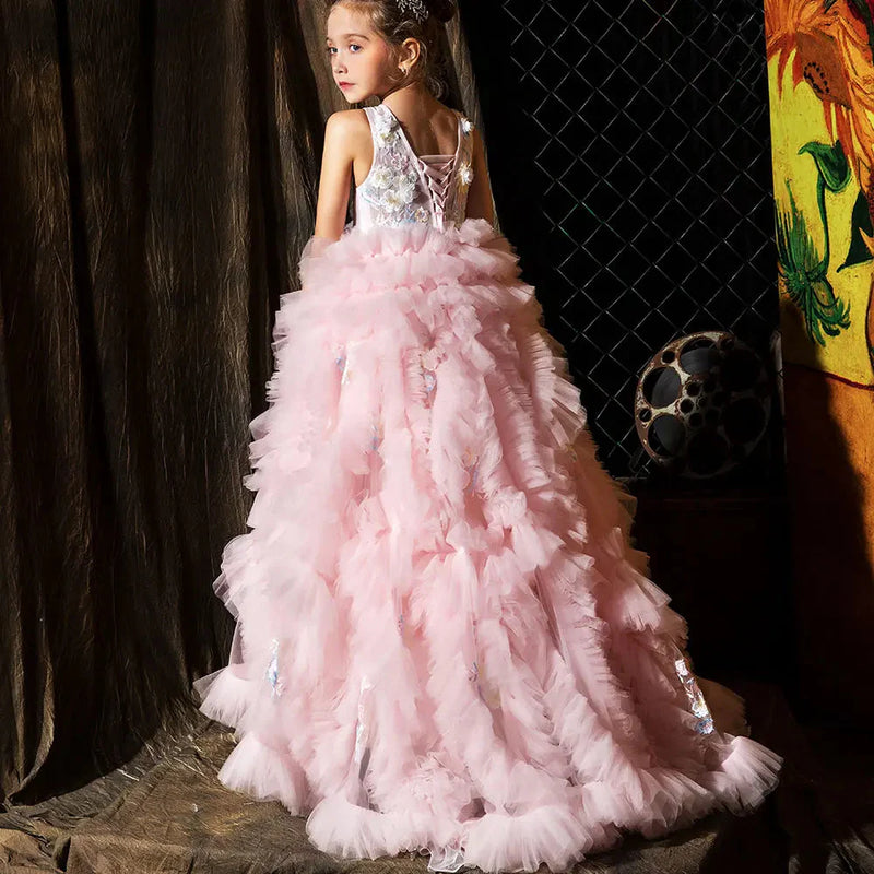 Jill Wish Pink Luxury Dubai Kids Girl Dress Appliques Tiered Princess Ball Gown J010