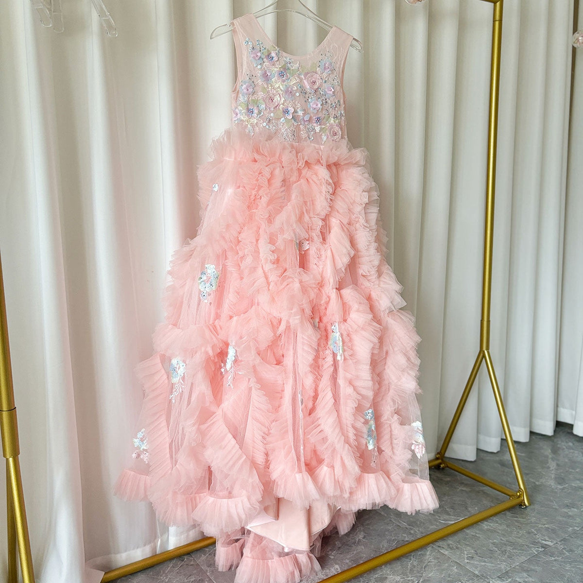 Jill Wish Pink Luxury Dubai Kids Girl Dress Appliques Tiered Princess Ball Gown J010