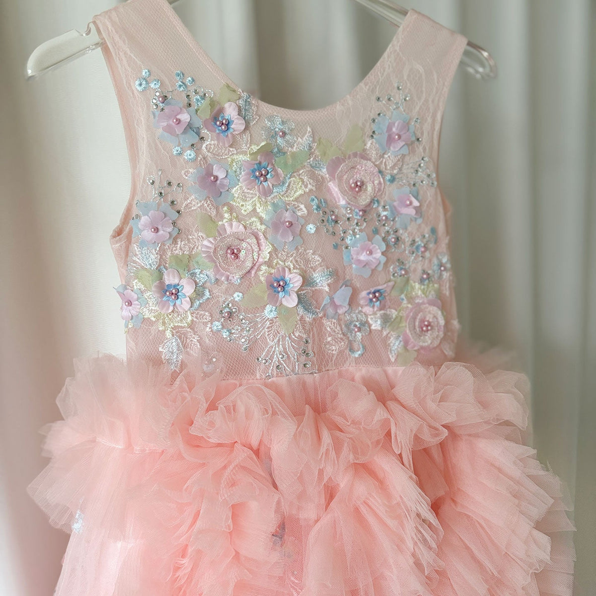 Jill Wish Pink Luxury Dubai Kids Girl Dress Appliques Tiered Princess Ball Gown J010