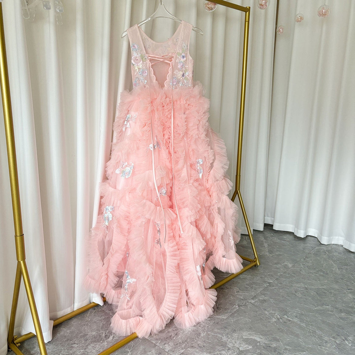 Jill Wish Pink Luxury Dubai Kids Girl Dress Appliques Tiered Princess Ball Gown J010