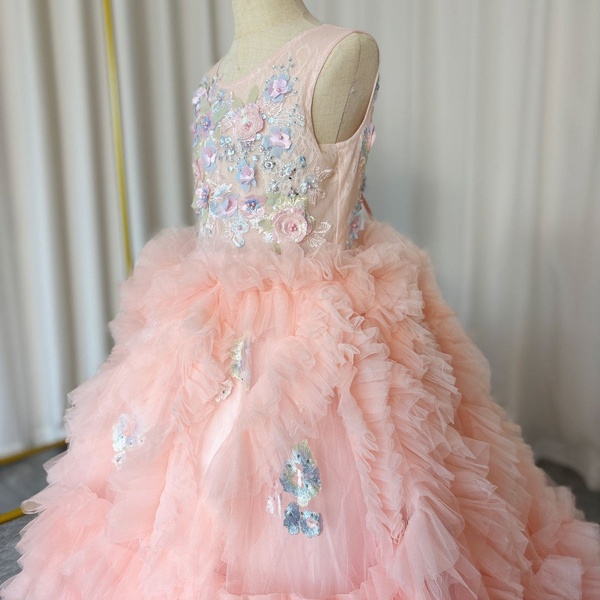 Jill Wish Pink Luxury Dubai Kids Girl Dress Appliques Tiered Princess Ball Gown J010
