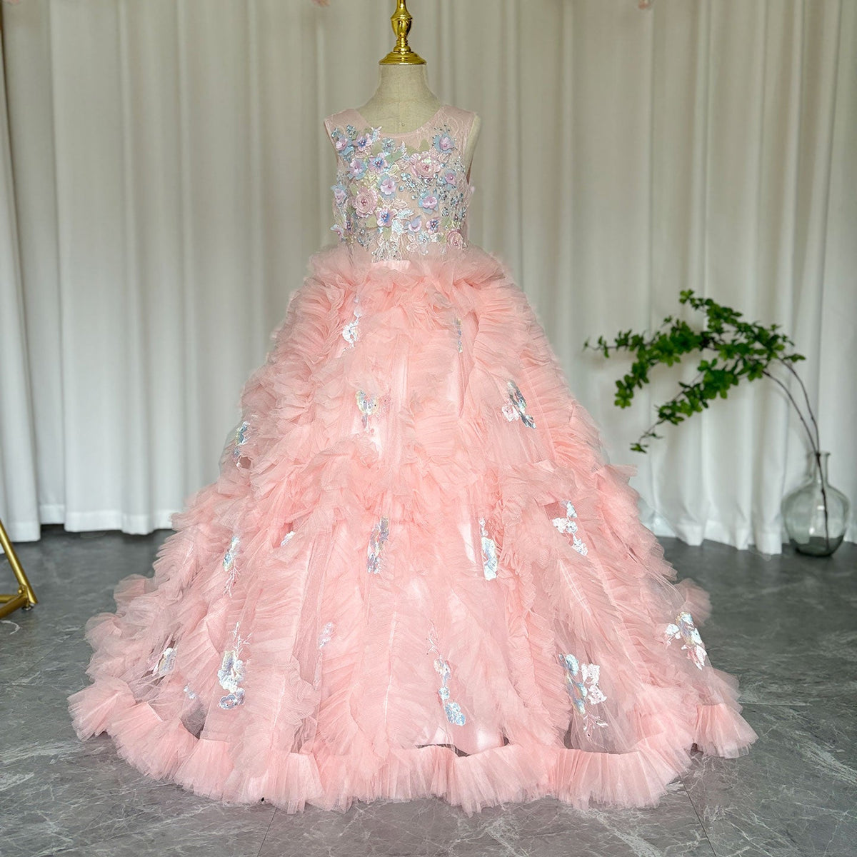 Jill Wish Pink Luxury Dubai Kids Girl Dress Appliques Tiered Princess Ball Gown J010