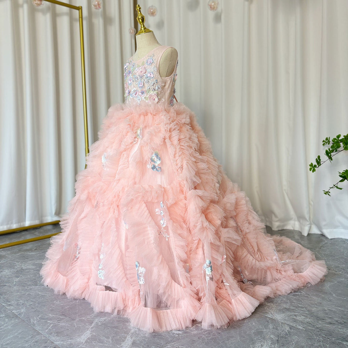 Jill Wish Pink Luxury Dubai Kids Girl Dress Appliques Tiered Princess Ball Gown J010