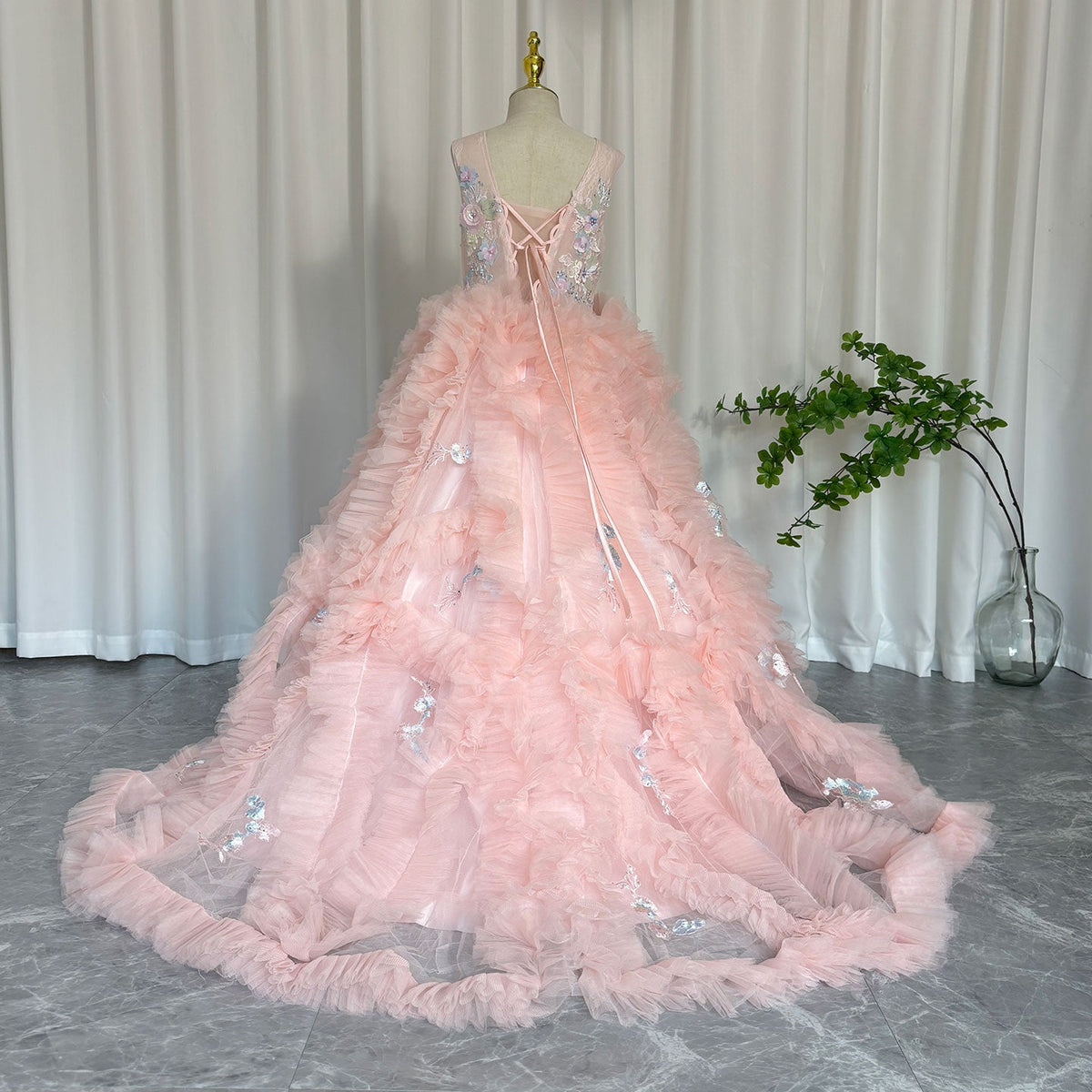 Jill Wish Pink Luxury Dubai Kids Girl Dress Appliques Tiered Princess Ball Gown J010