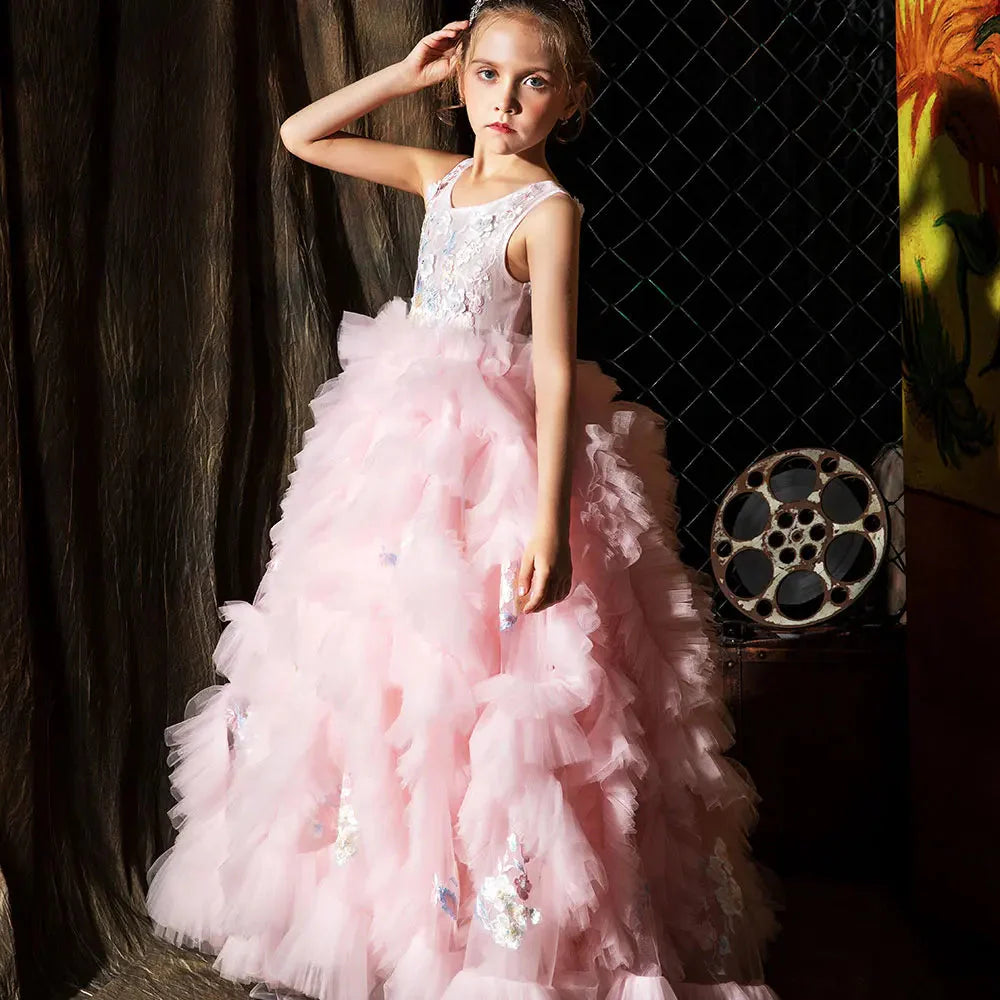 Jill Wish Pink Luxury Dubai Kids Girl Dress Appliques Tiered Princess Ball Gown J010