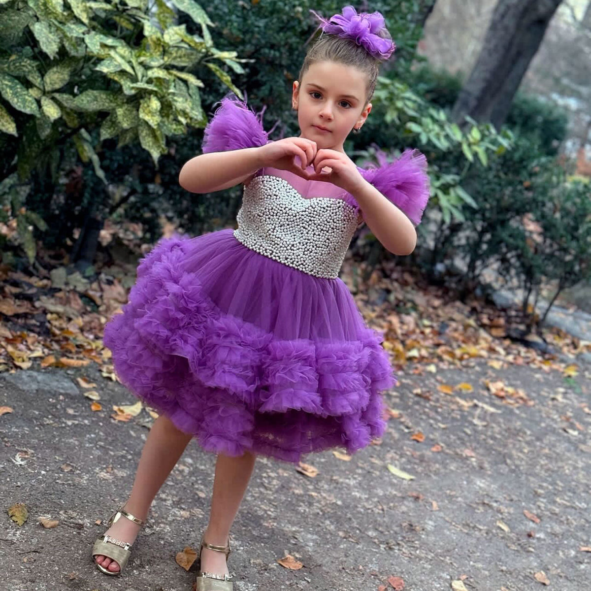 Jill Wish Purple Pearls Flower Girl Dress for Wedding Birthday J318