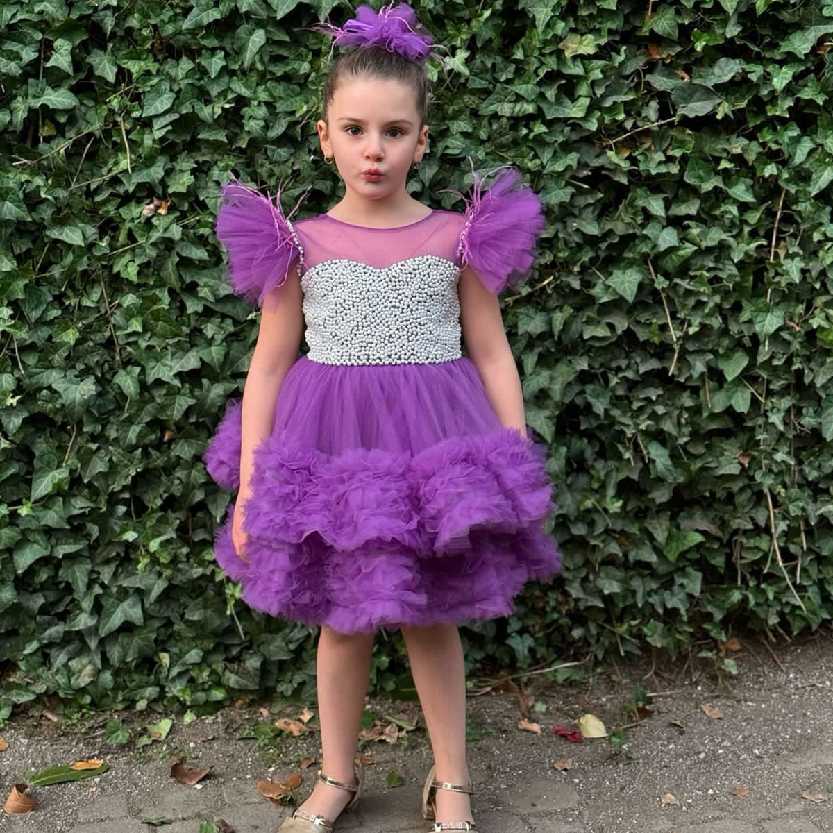 Jill Wish Purple Pearls Flower Girl Dress for Wedding Birthday J318