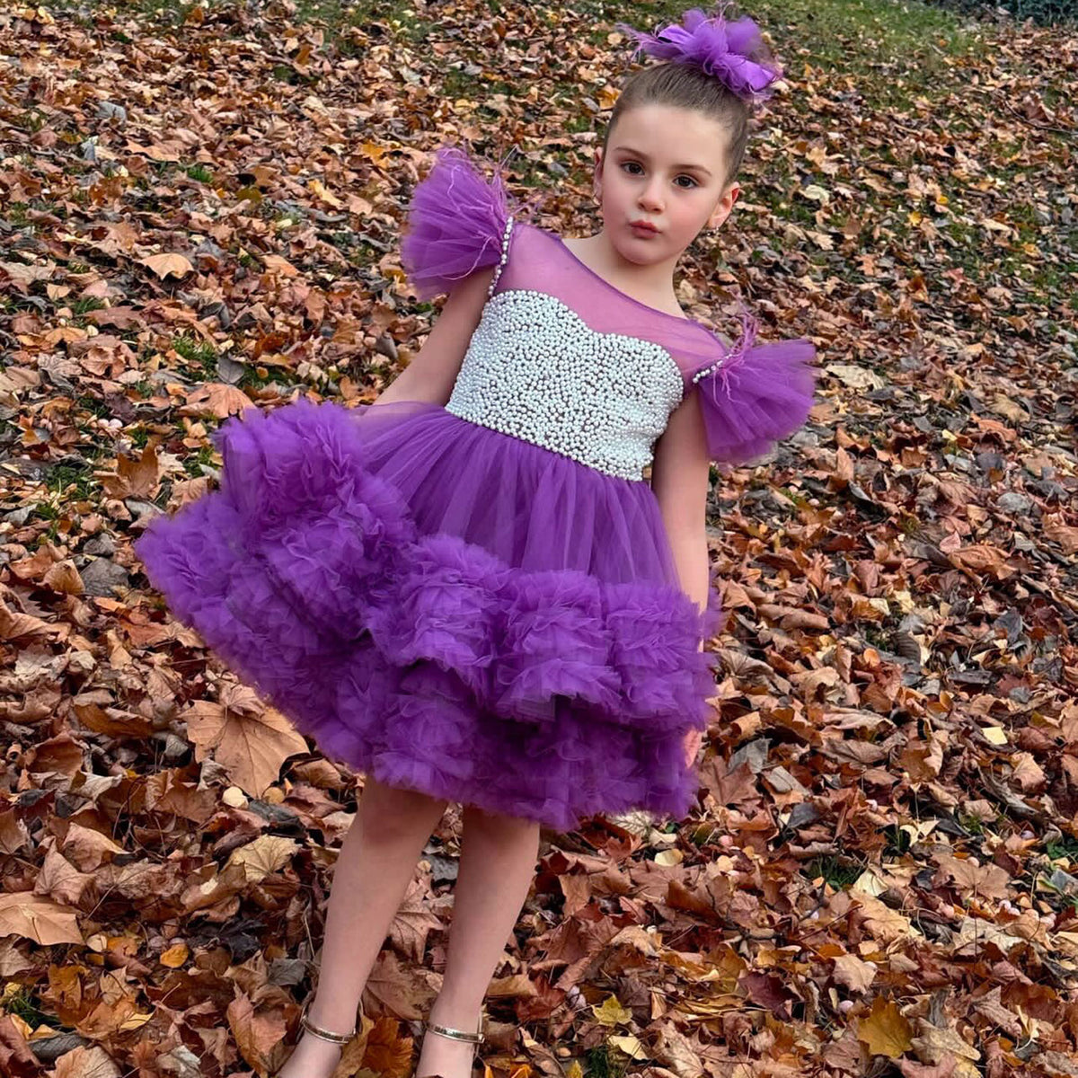 Jill Wish Purple Pearls Flower Girl Dress for Wedding Birthday J318
