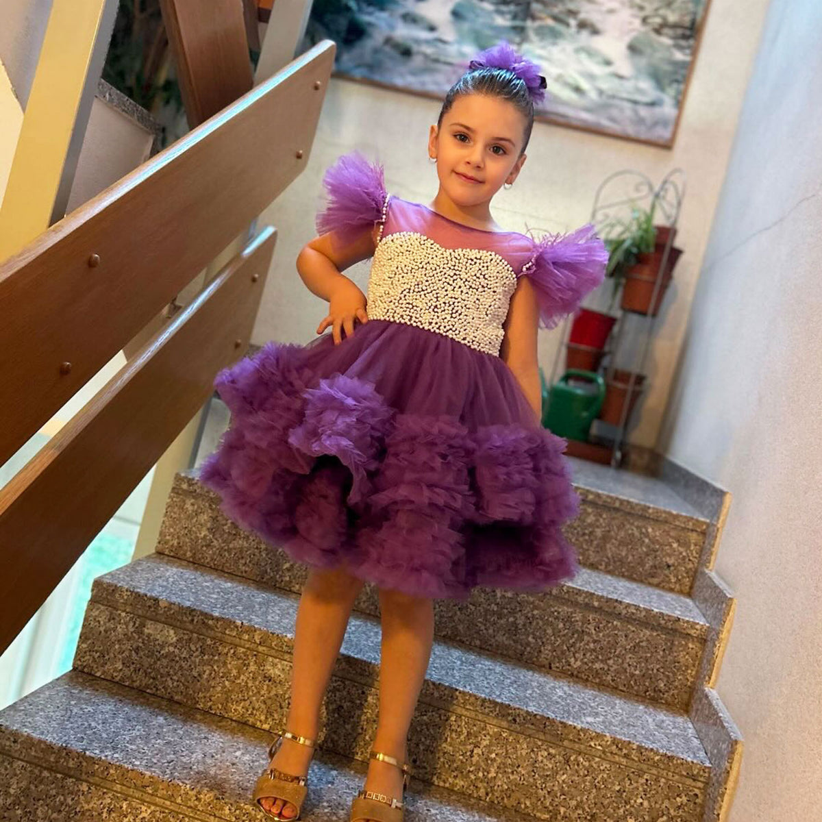 Jill Wish Purple Pearls Flower Girl Dress for Wedding Birthday J318