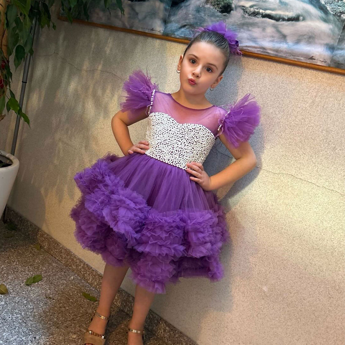 Jill Wish Purple Pearls Flower Girl Dress for Wedding Birthday J318