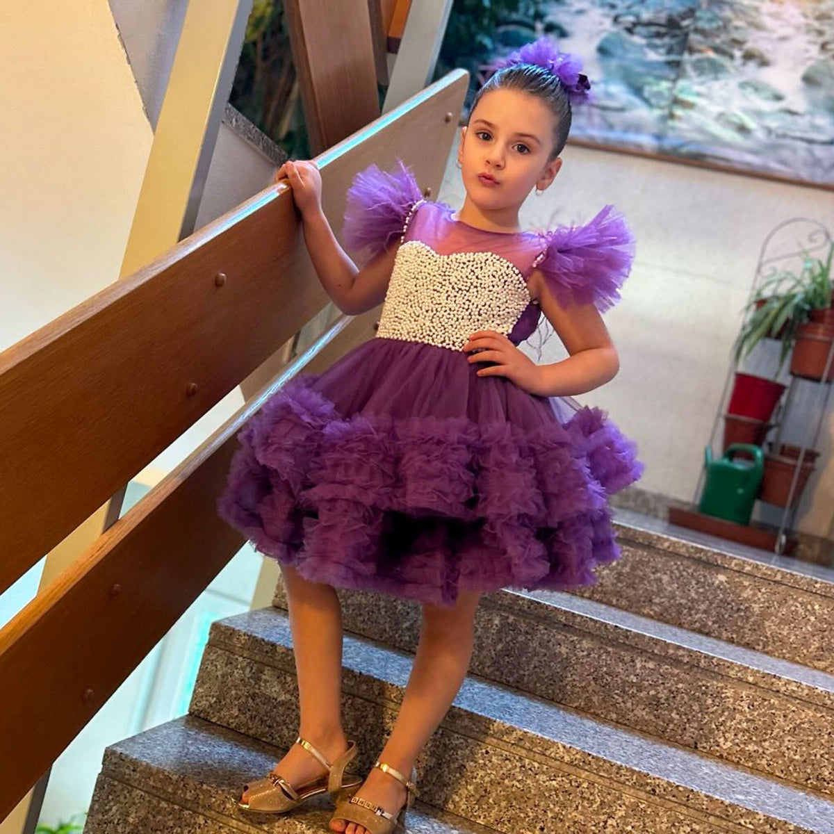 Jill Wish Purple Pearls Flower Girl Dress for Wedding Birthday J318