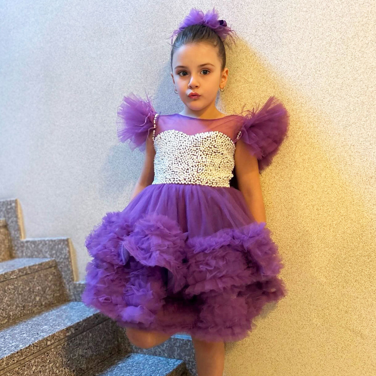 Jill Wish Purple Pearls Flower Girl Dress for Wedding Birthday J318