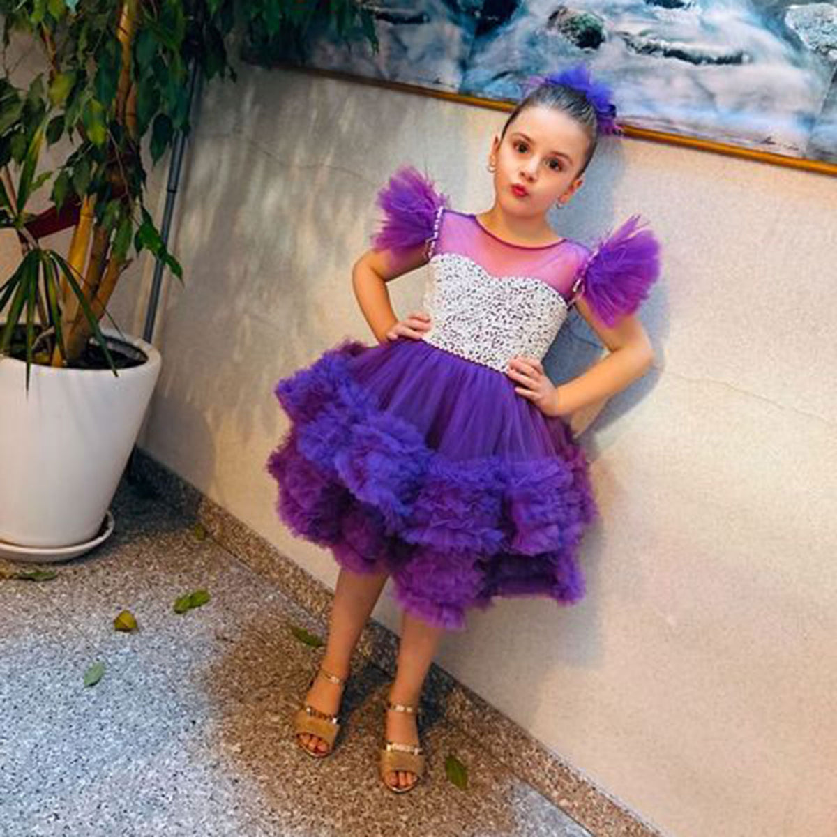 Jill Wish Purple Pearls Flower Girl Dress for Wedding Birthday J318