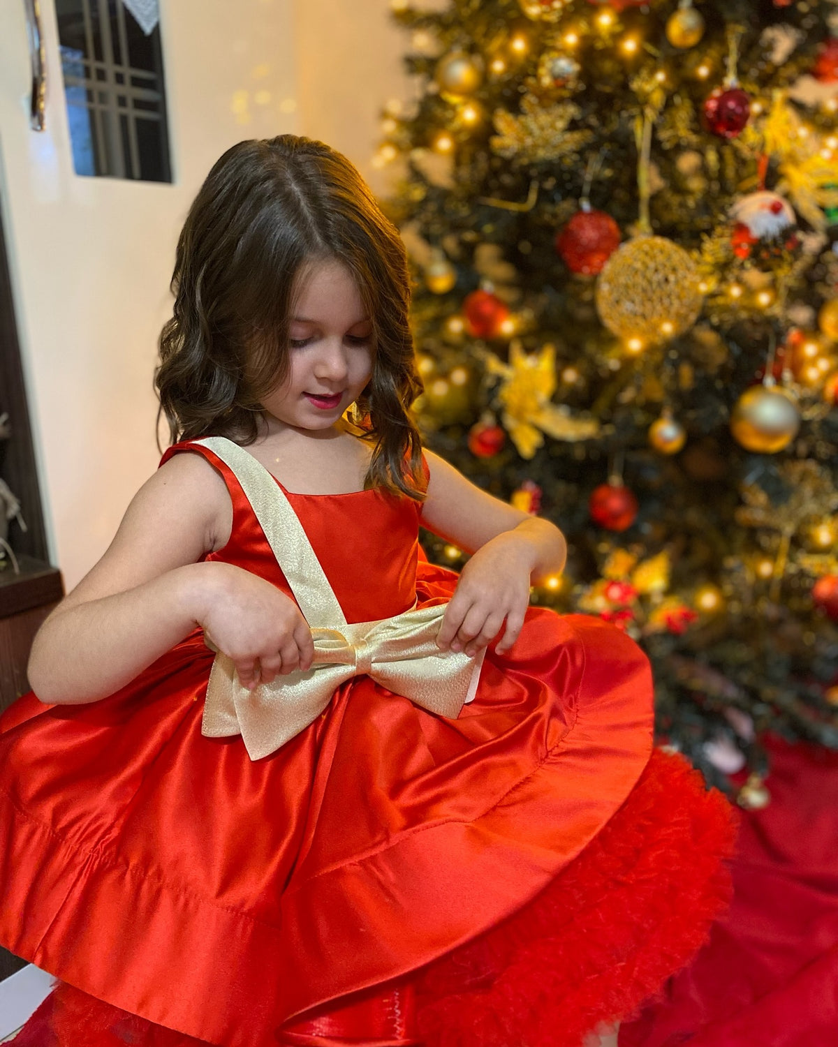 Jill Wish Red Christmas Satin Girl Dress Knee Length with Bow J285