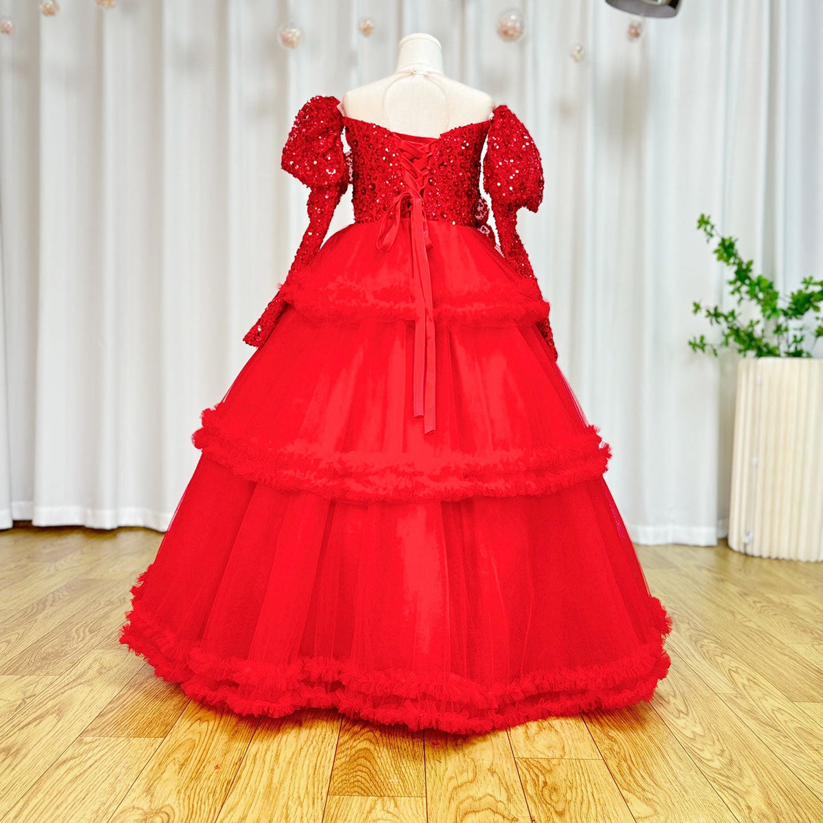 Jill Wish Red Girl Dress Sequined Long Sleeve Birthday Wedding Party Gown J224