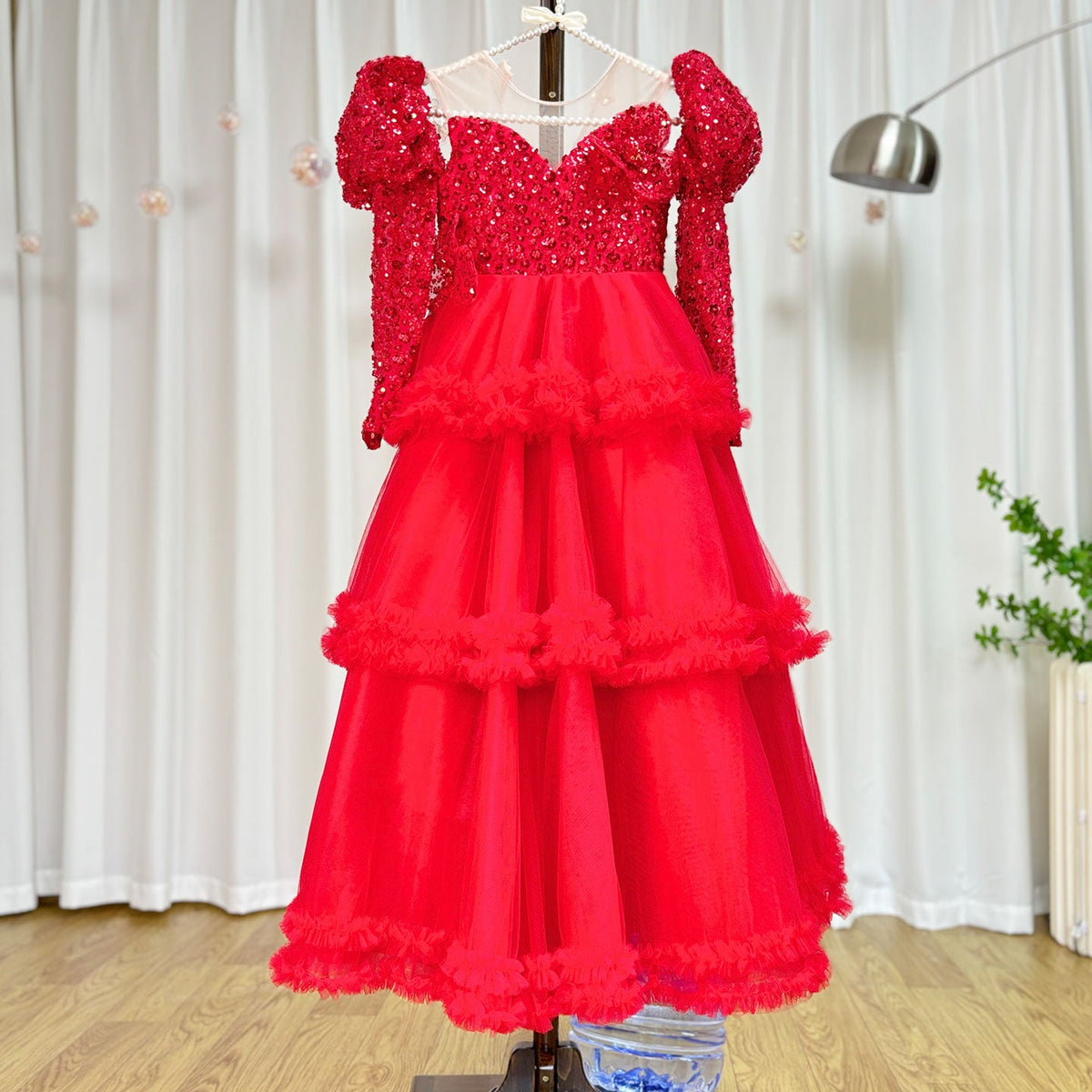 Jill Wish Red Girl Dress Sequined Long Sleeve Birthday Wedding Party Gown J224