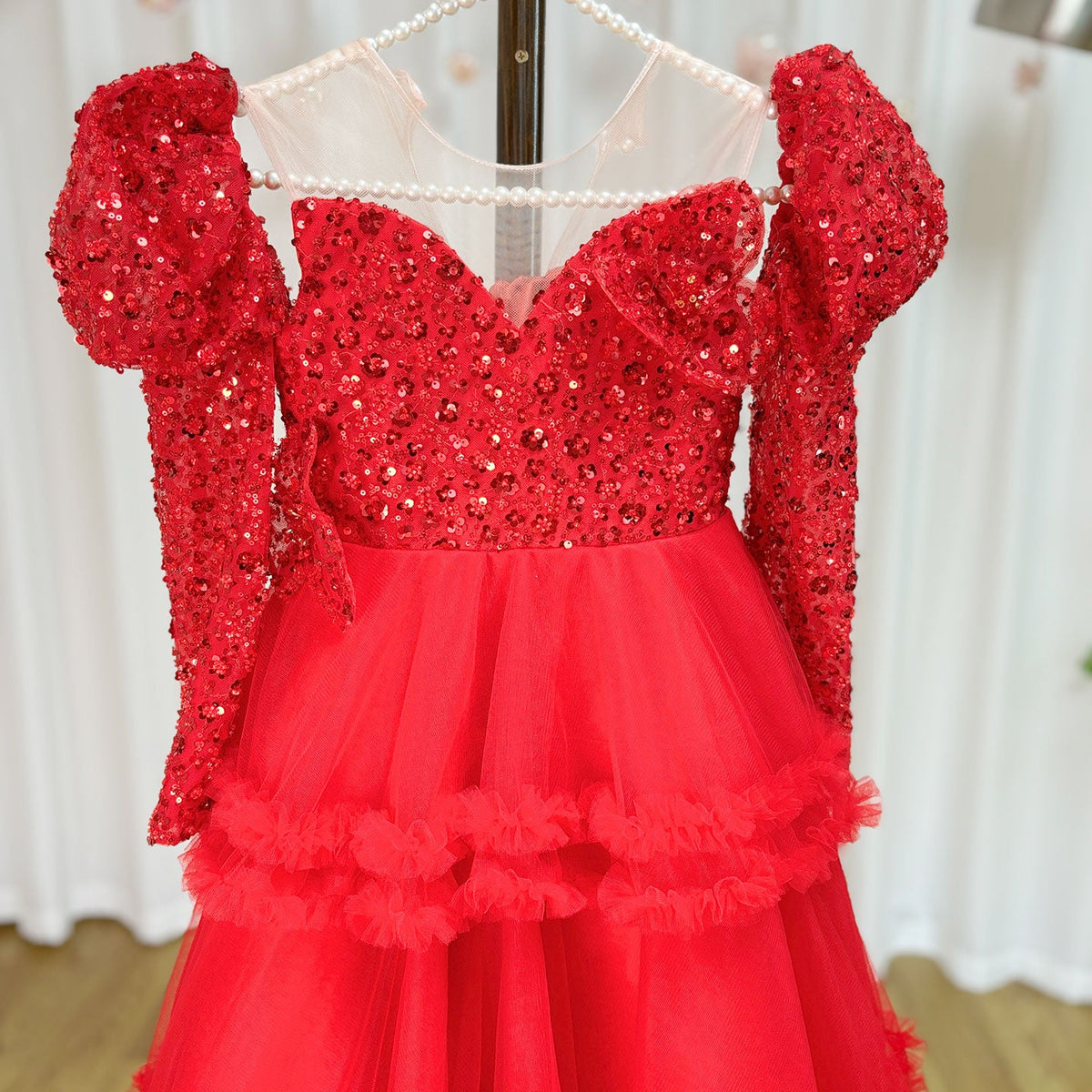 Jill Wish Red Girl Dress Sequined Long Sleeve Birthday Wedding Party Gown J224