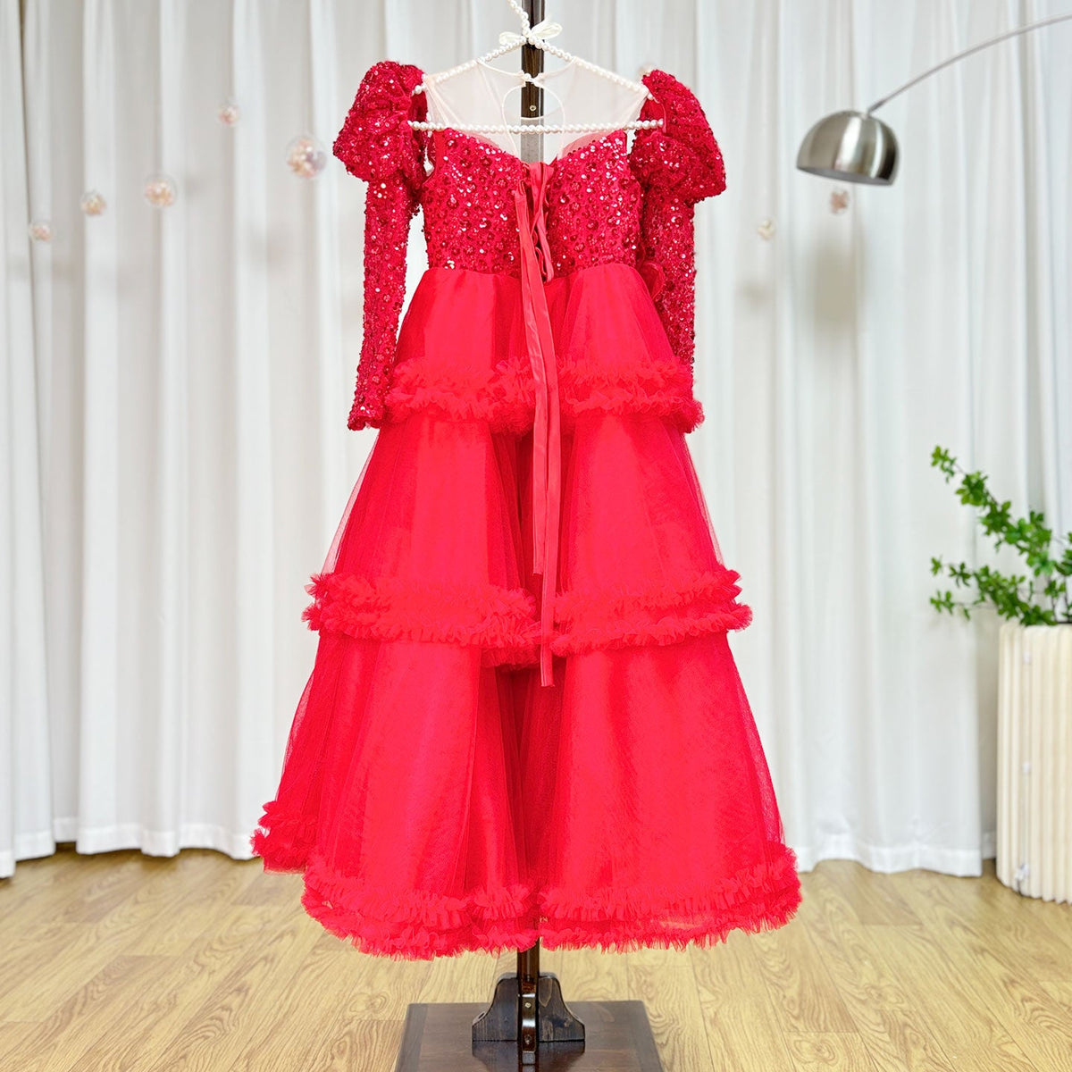 Jill Wish Red Girl Dress Sequined Long Sleeve Birthday Wedding Party Gown J224