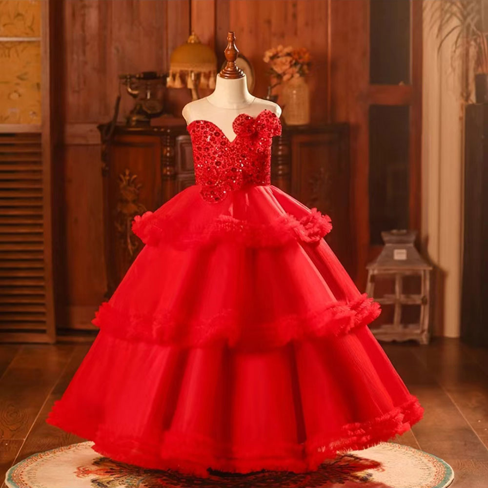 Jill Wish Red Girl Dress Sequined Long Sleeve Birthday Wedding Party Gown J224