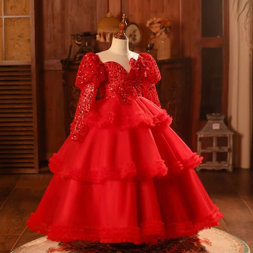 Jill Wish Red Girl Dress Sequined Long Sleeve Birthday Wedding Party Gown J224
