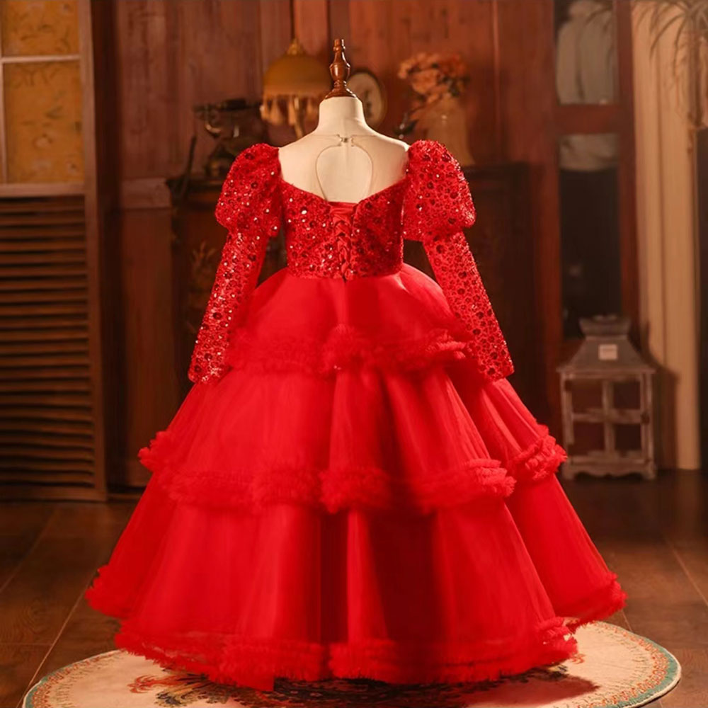 Jill Wish Red Girl Dress Sequined Long Sleeve Birthday Wedding Party Gown J224