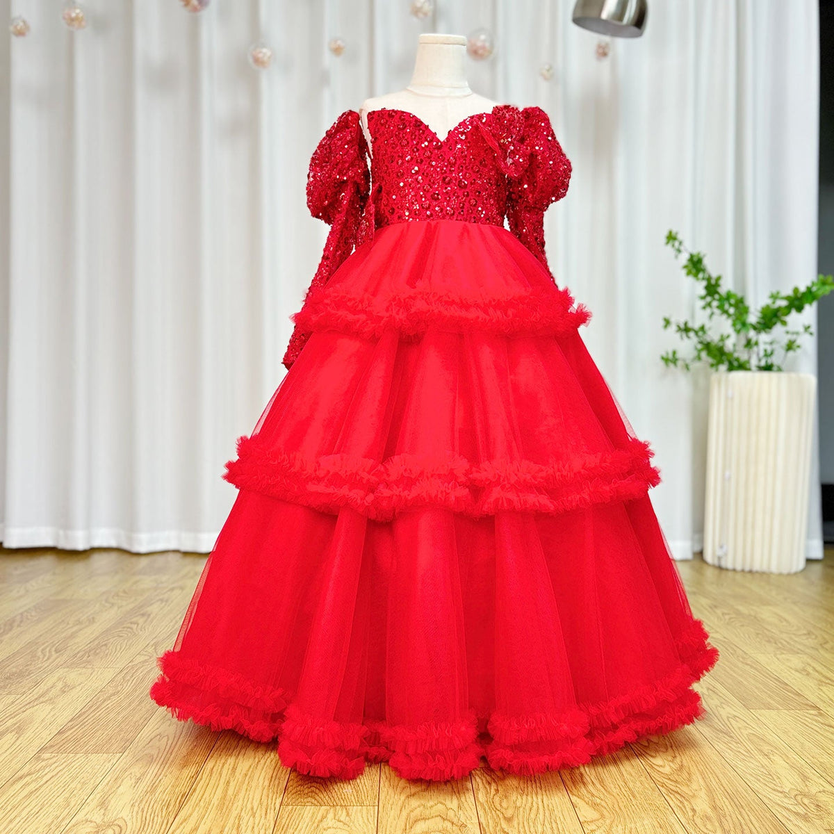 Jill Wish Red Girl Dress Sequined Long Sleeve Birthday Wedding Party Gown J224