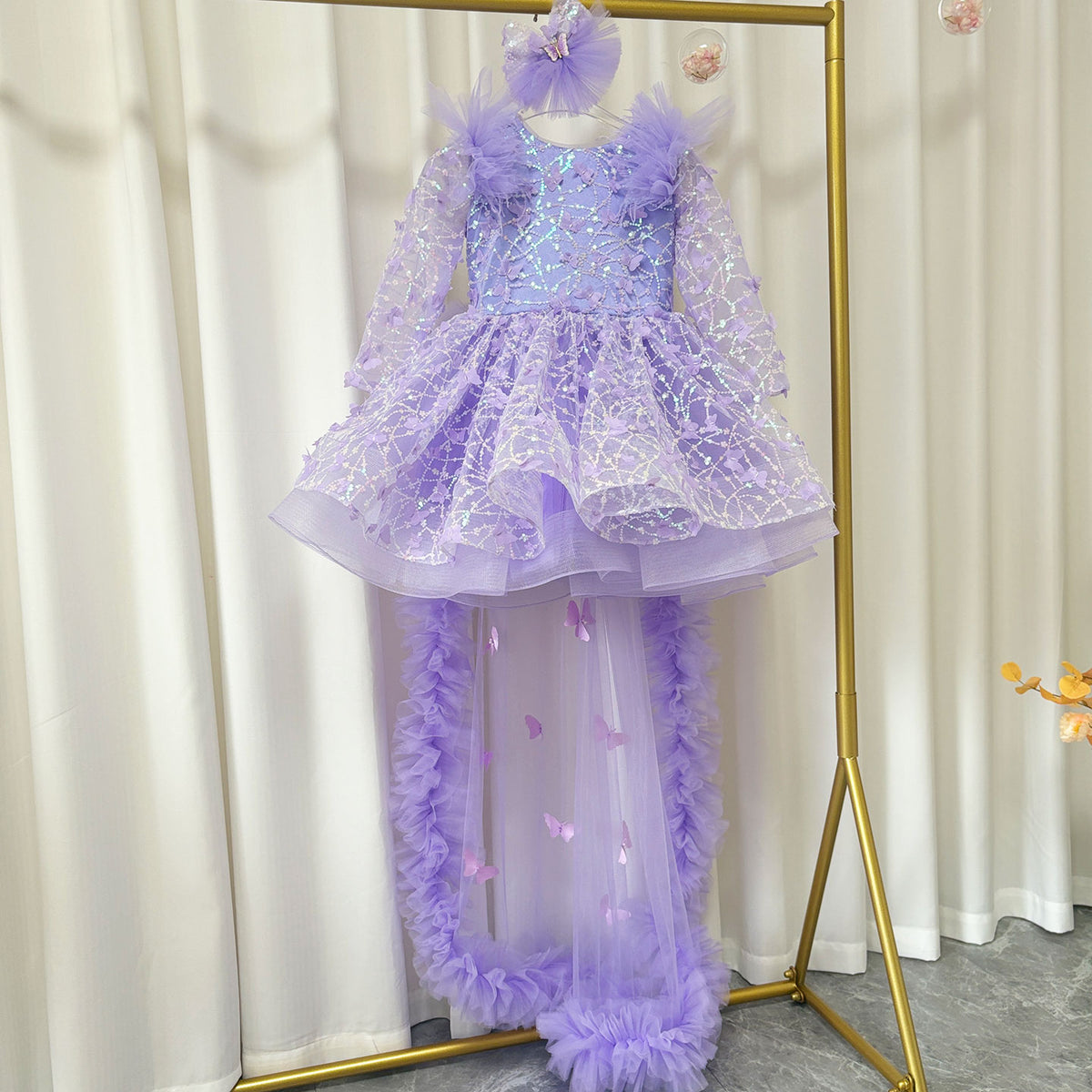 Jill Wish Sequins Pink Girl Dress Knee Length Train Long Sleeve Princess J282