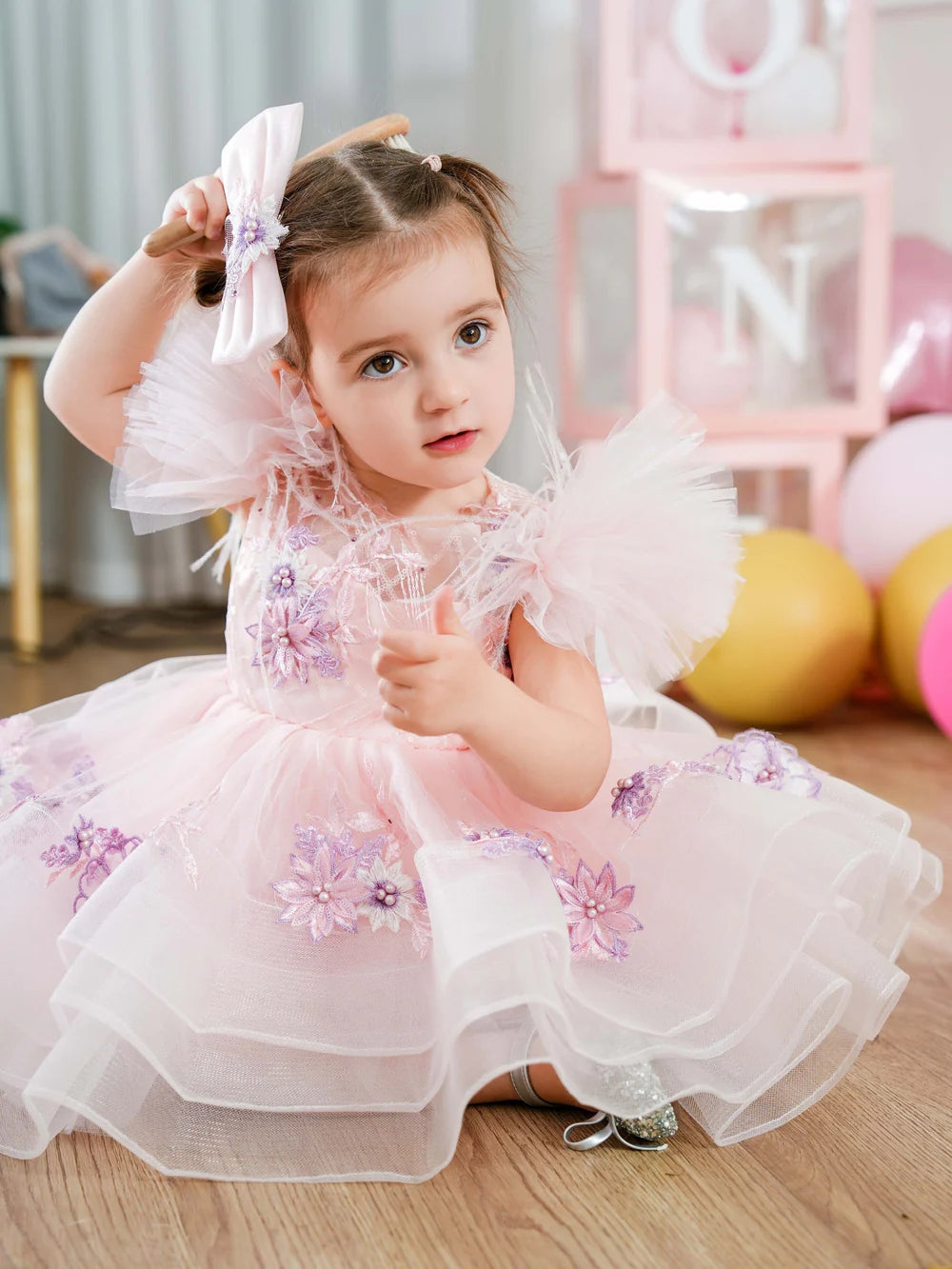 Jill Wish Sequins Princess Yellow Girl Dress Knee Length Puffy Sleeve J258