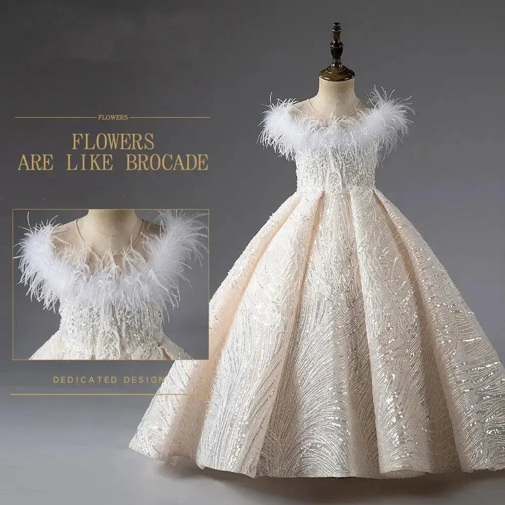 Jill Wish Shiny Flower Girl Dress Champagne Pearls Beading Feathers J029
