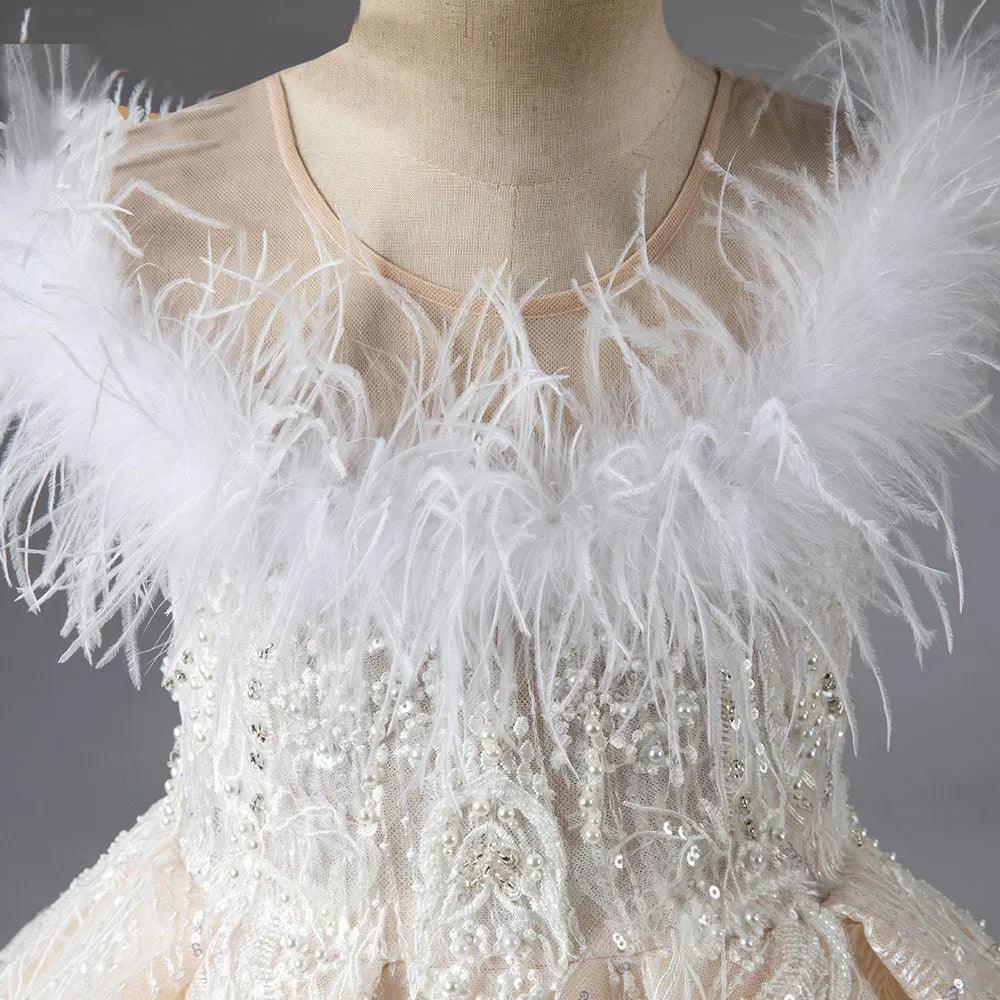 Jill Wish Shiny Flower Girl Dress Champagne Pearls Beading Feathers J029