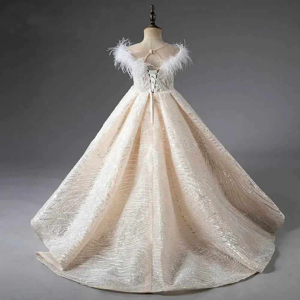 Jill Wish Shiny Flower Girl Dress Champagne Pearls Beading Feathers J029