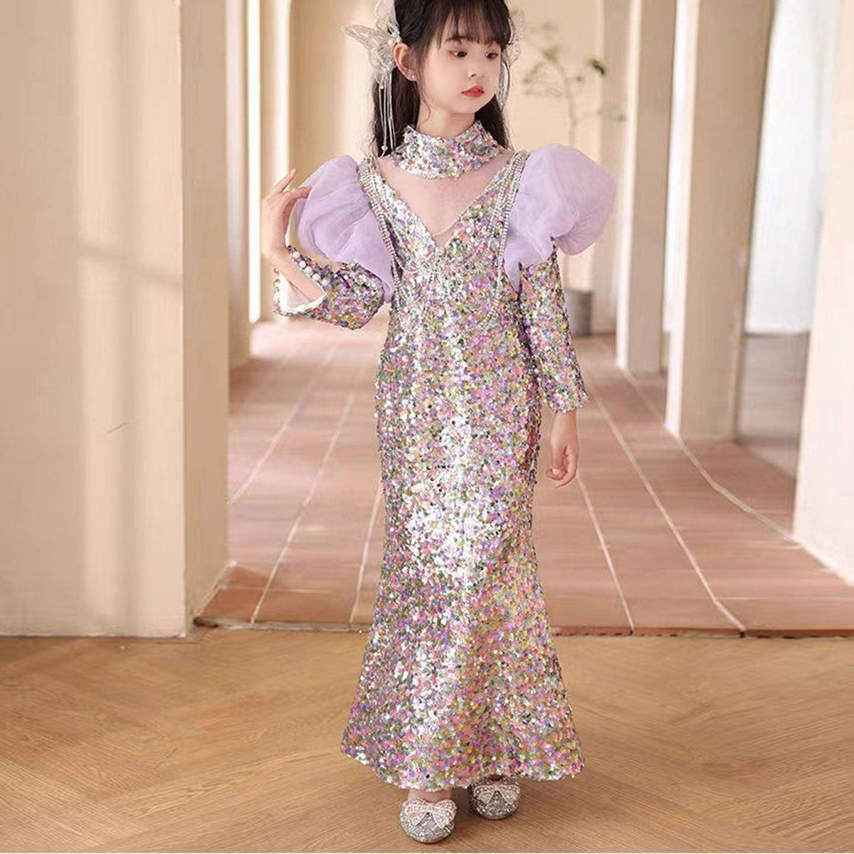 Jill Wish Shiny Lilac Girl Dress Sequined with Cap Kids Princess J076