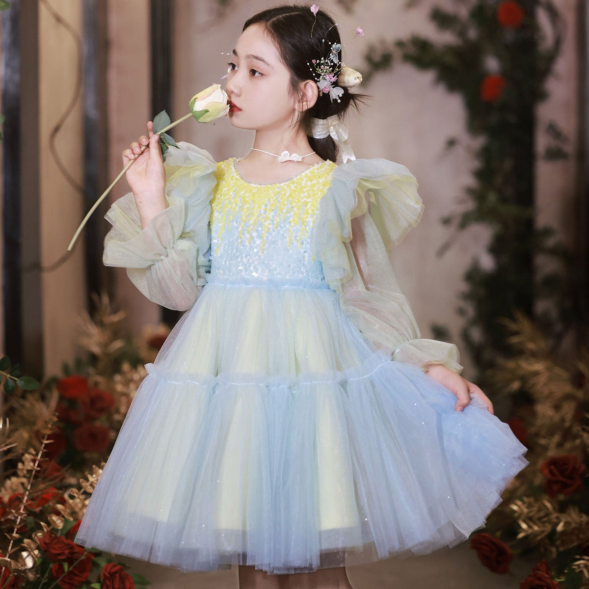 Jill Wish Shiny Pink Sky Blue Flower Girl Dress Sequined Formal Dance J091