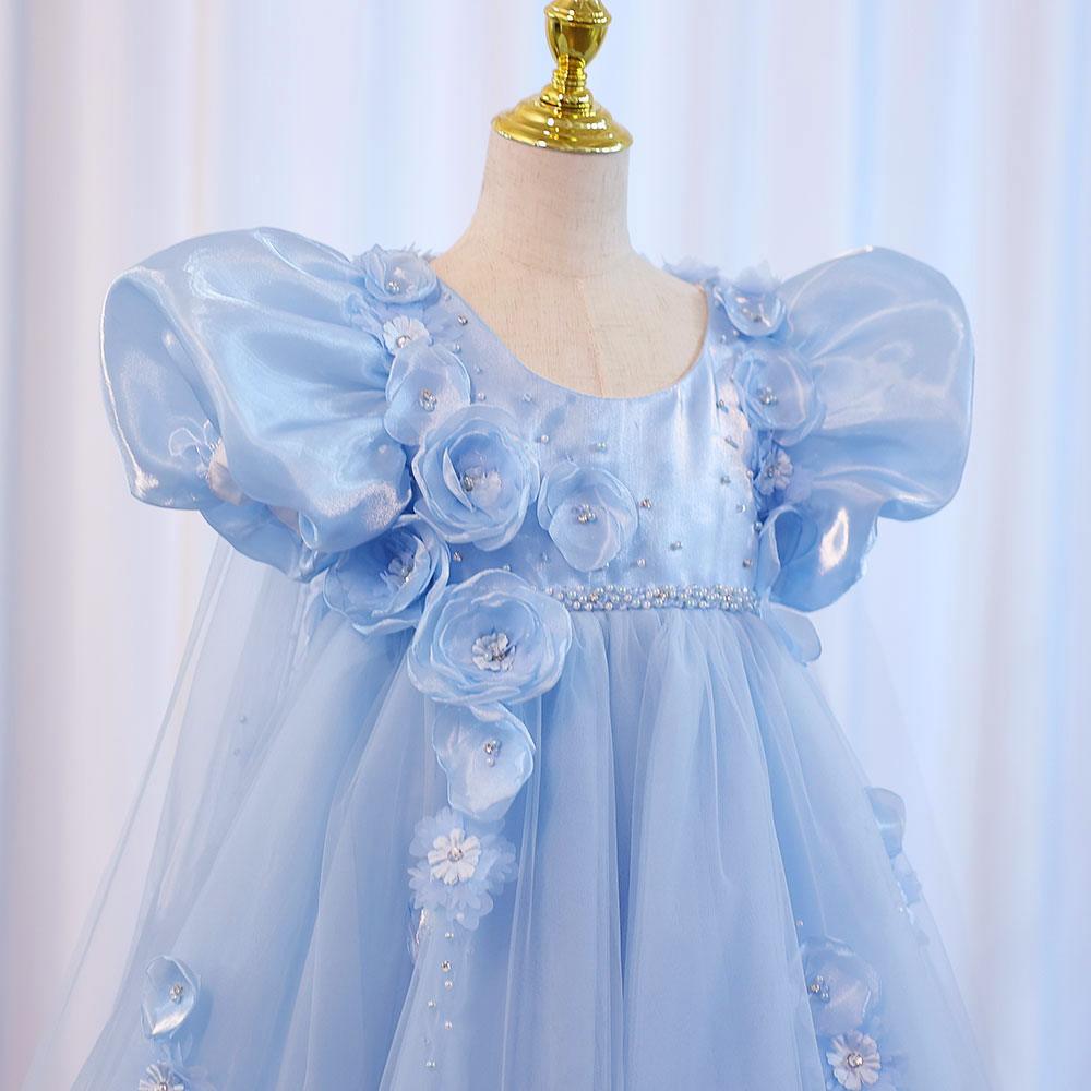 Jill Wish Sky Blue Arabic Girl Dresses Crystal with Cape 3D Flowers Puff Sleeves J098