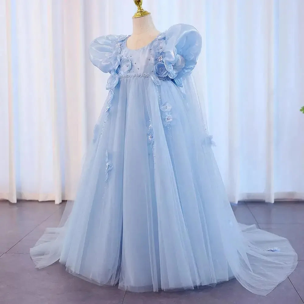 Jill Wish Sky Blue Arabic Girl Dresses Crystal with Cape 3D Flowers Puff Sleeves J098