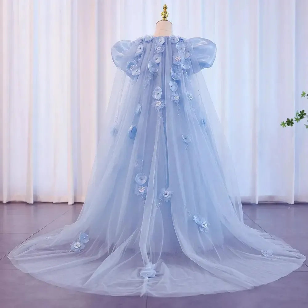Jill Wish Sky Blue Arabic Girl Dresses Crystal with Cape 3D Flowers Puff Sleeves J098