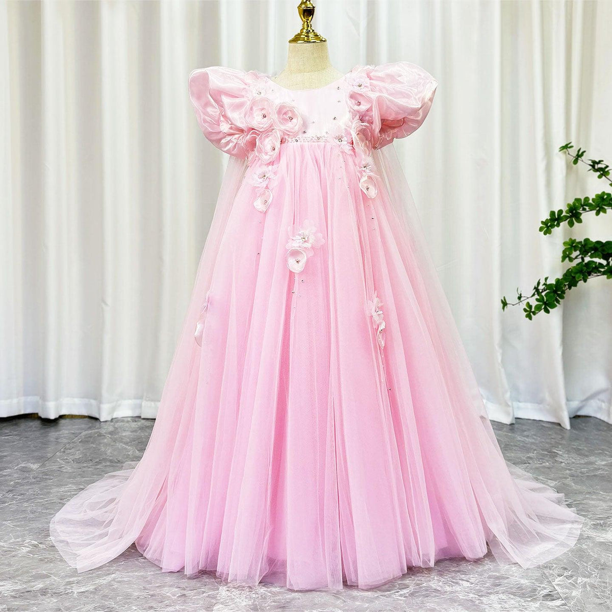 Jill Wish Sky Blue Arabic Girl Dresses Crystal with Cape 3D Flowers Puff Sleeves J098